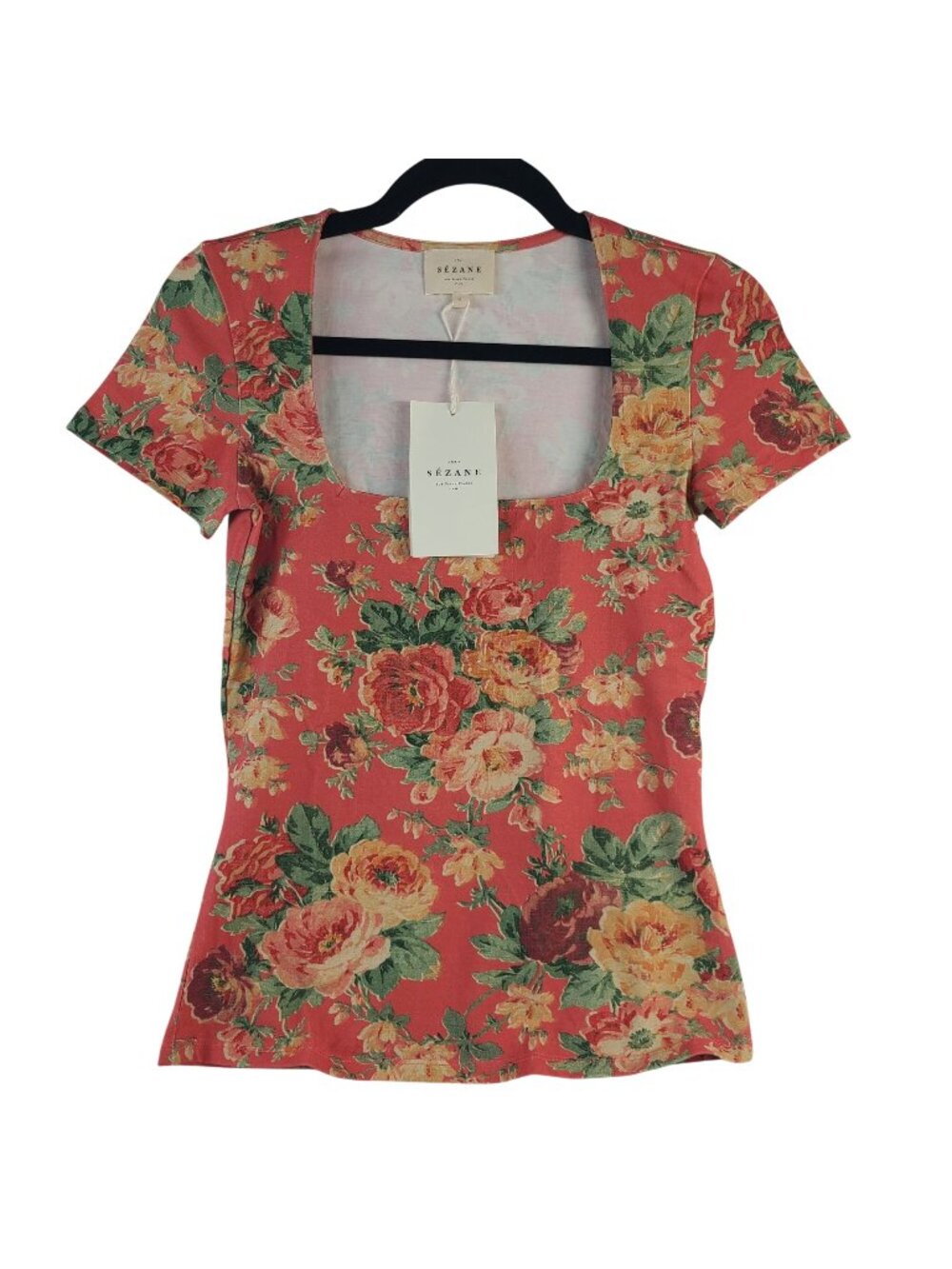 NEW Sézane Amara Almeria Floral Print T-Shirt Square Neckline Sz S